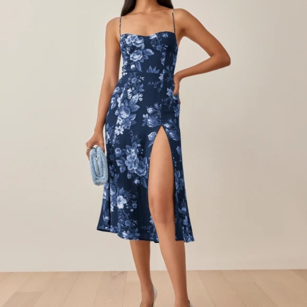 Reformation Juliette Dress in Lottie Blue Floral Sleeveless Midi